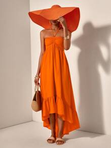 Zivah 2025 夏季新品音乐节复活节圣帕特里克节西部波西米亚风生日派对毕业典礼学生日常休闲度假巡航海滩露背细肩带 A 字裙，橙色