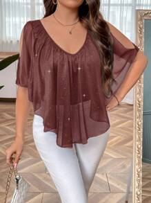 SHEIN Clasi Plus Size Fashionable Heat Transfer Silver Mesh Sheer Patchwork T-Shirt - Pink - View 5