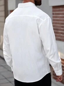 Manfinity Homme Plus Size Men's Solid Color Long Sleeve Single-Breasted Casual Shirt, For Fall - White - View 2