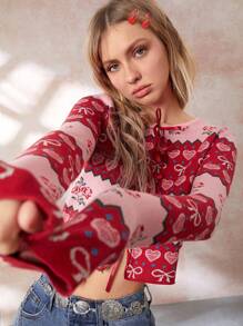 Easelle 女士蝴蝶结心形玫瑰印花前系带腰带修身长袖开衫，适合秋冬季、情人节 - 彩色 - 查看 1