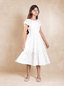 SUMWON Summer Eyelet Lace Tiered Prairie Midi Dress With Ruffle Overlay Empire Waist Sundress For Tween Girls Special Occasion Wedding Guest Easter Spring - White - View 1