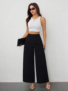 SHEIN PETITE Women's Simple Casual Fashion Back-To-School Season Old Money Commuting High-Waist Texture Wide-Leg Trousers