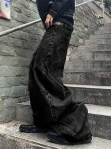 Men's Fashionable Distressed Flared Leg Jeans - Black - View 4