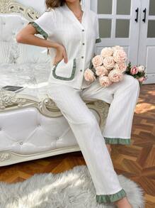 Contrast Color Textured Knit Top And Lounge Pants Sleepwear Set