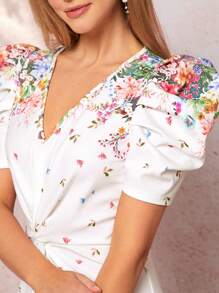 SHEIN Clasi V-Neck Romantic Floral Print Tied Front Puff Sleeve Bodycon Midi Dress For Women Summer Outfits For Women Summer Dresses For Women Teacher Outfits For Women Valentine's Day Dress Valentines Clothes Vacation Outfits Woman Romantic Dresses Summer Dresses For Women