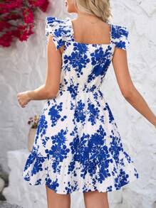 SHEIN Clasi Vestido corto con escote cuadrado y mangas de campana con estampado floral azul para primavera y verano