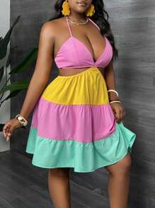 Slaydiva 大码女式 V 领细肩带拼色宽松腰 A 字形连衣裙 - C、甜美、度假、浪漫、性感 - 彩色 - 查看 5