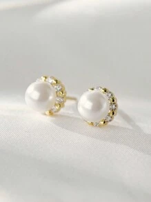 1pair French Style Luxurious & Simple Stainless Steel Round Stud Earrings With Tiny Faux Pearls