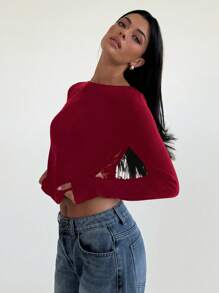 Aloruh 女式蕾丝拼接长袖露背短款上衣 - 酒紅色 - 查看 5