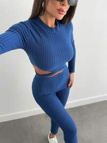 SHEIN Ensemble casual femme, t-shirt court à manches longues de couleur unie et pantalon