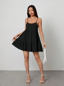 SHEIN PETITE Black Casual Suspender Backless Babydoll Dress,Sun Dress