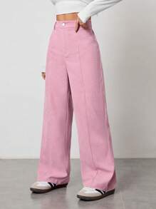 SHEIN PETITE 纯色休闲裤，简约风格，适合日常休闲穿着 - 粉色 - 查看 6