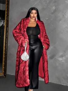Maweii Plus Size Solid Color Long Sleeve Loose Casual Fluffy Jacket For New Year Clothes - Red - View 4