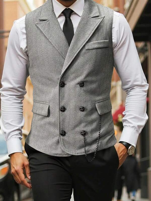  Manfinity Mode Men's Herringbone Double Breasted Casual Waistcoat