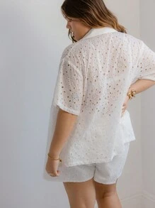 Aralina Curve Embroidery Summer Vacation Beach Short-Sleeve Button-Front Blouse - White - View 2