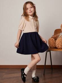 PrepCrw Vestido mini plisado en color durazno y marino con patchwork para niñas, primavera/verano - Multicolor - Ver 3