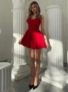 Aloruh Vestido mini rojo elegante con tirantes recogidos, romántico para una cita, para el Día de San Valentín