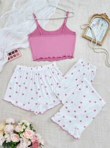 3pcs/Set Women Heart Pattern Sleeveless Top, Shorts And Pants Pajama Set - Multicolor - View 2