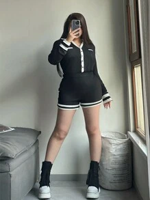SHEIN EZwear Plus Size Vintage Casual Color Block Collar Jumpsuit, Spring - Black and White - View 4