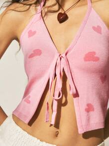 Easelle 1pc Women's Pink Heart Pattern Front Tie Neck Knitted Top - White - View 1