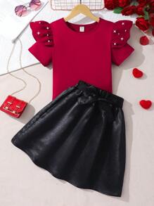 SHEIN 2pcs Set: Beaded Cap Sleeve Blouse + Bow Waist Band Mini Skirt - Red - View 1