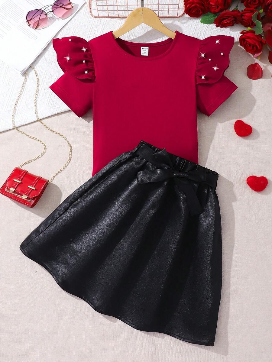 SHEIN 2pcs Set: Beaded Cap Sleeve Blouse + Bow Waist Band Mini Skirt - Red - View 1