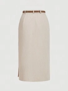 SHEIN MOD 大码女装单件灯芯绒杏色修身铅笔裙，侧开衩，中长款，配腰带，春季女装裙 - 杏色 - 查看 2