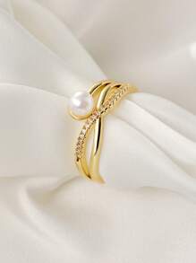 1pc Fashionable Personalized Micro-Inlaid Zirconia & Faux Pearl Adjustable Open Ring Winter Gifts - Yellow Gold - View 3