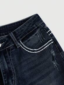 ROMWE PETITE Y2K Vintage Crop Flare Low Waist Jeans For Women With Cross Embroidery Pockets - Navy Blue - View 3