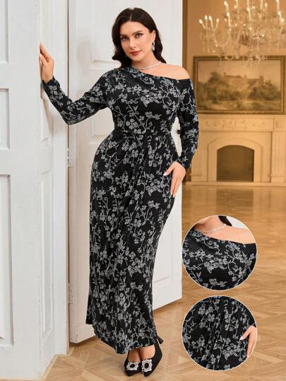 Modelyn 大码女式花卉印花不对称领口长袖连衣裙