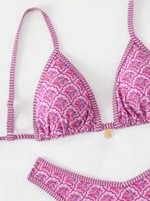 Swim Mod Spring Break Women Summer Random Floral Print Spaghetti Strap Top And High-Cut Bikini Swimwear Set - Multicolor - View 4