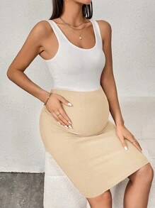 SHEIN Solid Beige Maternity Pencil Skirt- Comfortable And Stretchy Ribbed Knit Skirt For Everyday Wear