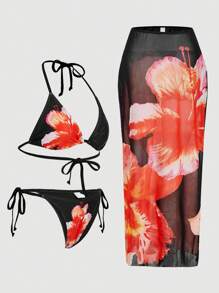 SHEIN MOD 3 Pieces Set: Red Floral Bandeau Bikini Top And Ruffle Skirt Cover-Up, Beach Outfits For Woman, Vacation Outfits Woman, Tropical Vacation Woman Clothes, Swimwear Set, Sexy, Sexy Bikini, Vacation Outfits Women, Beach Vacation, Two Pieces Swimwear For Summer Beach Vacation