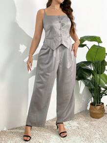 SHEIN Privé 大码女式两件套，包括优雅简约休闲圆领无袖上衣和高腰褶皱裤，适合日常、办公室穿着、春夏季 - 灰色 - 查看 2