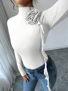 Firerie 女士亚麻色高领长袖花卉 3D T 恤