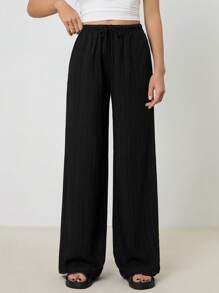 SHEIN Tall 休闲百搭简约纯色阔腿裤 - 黑色 - 查看 7