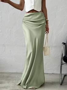 Firerie Elegante minimalistische romantische date & werkjurk voor dames, veelzijdige effen satijnen maxi-rok, abrikooskleur, lage taille, herfst/winter