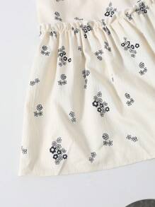 Elegant Vintage Floral Print Pleated Dress With Bowknot For Tween Girls, Loose Fit, Round Neck, Short Sleeve, Mid-Length - Apricot - View 3