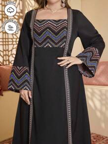 Al Najma Vestido elegante de talla grande con cuello cuadrado, cintura ceñida y borde acampanado con efecto de empalme - Multicolor - Ver 3