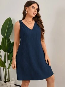 SHEIN LUNE Plus Size Women V-Neck Khaki Sleeveless Dress - Navy Blue - View 4