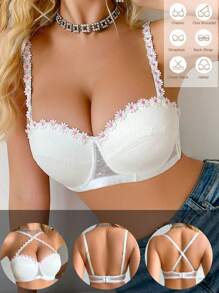 1pc Ladies Lace Floral Embellished Seamless Bandeau Bra, With Underwire Lingerie, Kawaii - White - View 6