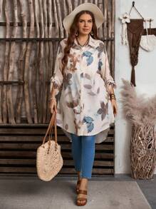 EMERY ROSE Plus Size Floral Print Roll Up Sleeve Casual Vacation Shirt Spring Outfits For Women West Country