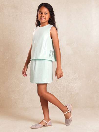 SUMWON Festive Holiday Party Two Piece Sleeveless Sequin Tank Top And Skirt Set With Bow Detail Designer Fashion Party Wear