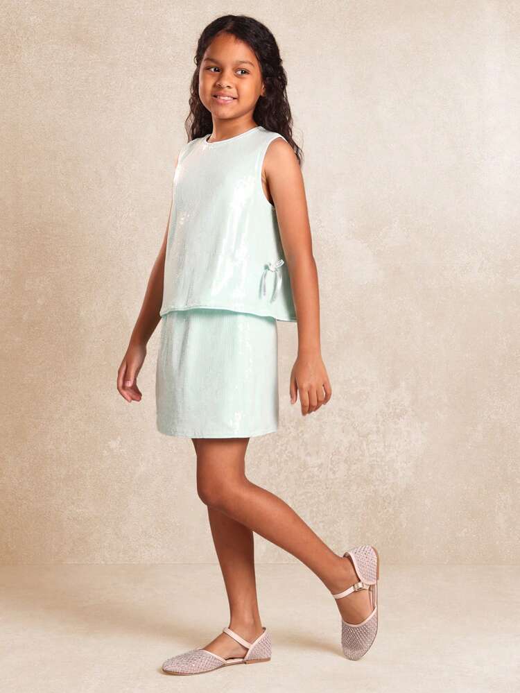 Sleeveless Sequin Tank Top And Skirt Set With Bow Detail