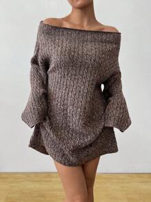 SHEIN LUNE Off Shoulder Loose Casual Women Sweater Dress, Suitable For Spring And Autumn - Red Violet - View 2