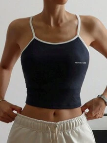 DAZY 女士撞色边饰字母印花吊带背心 - 藏蓝色 - 查看 9