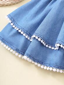 SHEIN 女婴Y2K极简时尚休闲日常白色珍珠荷叶边蓝色牛仔荷叶边层叠半身裙，儿童春夏休闲度假乡村波西米亚风服装，复活节海滩女童装，春假 - 淺色水洗藍 - 查看 3