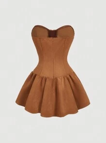 SHEIN MOD 前系带腰部褶皱下摆波西米亚风连衣裙 - 棕色 - 查看 2