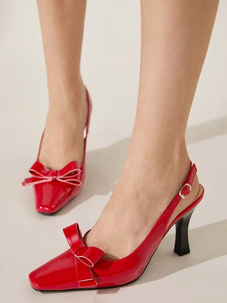 CUCCOO CHICEST Women Red PU Leather Bow High Heels, Elegant For Commute, Dating, Wedding, Office, Formal Occasion