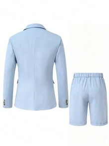 Manfinity Mode Men's Solid Color Suit Set: Jacket And Shorts Casual Suits For Men - Blue - View 2
